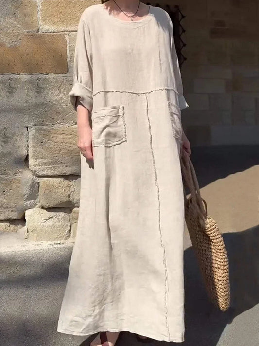 Women's Solid Color Round Neck Cotton Linen Long Sleeve Casual Pleated Double Side Pocket Dresses