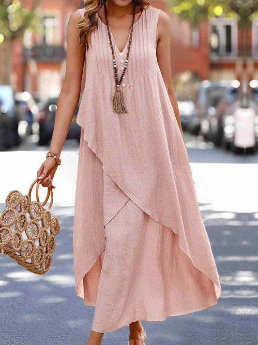 Women's Solid Color Cotton Linen Sleeveless Casual Pleated Double Layer Dresses
