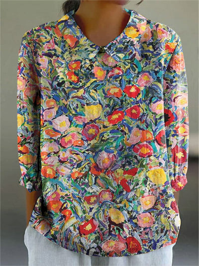 Women's Vintage Oil Painting Floral Art Printed Casual Seven Sleeve Shirt