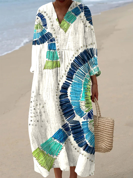 Women's Vintage Abstract Embroidery Art Print Casual V-Neck Dresses