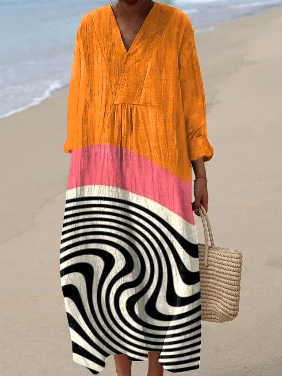 Women's Vintage Abstract Psychedelic Line Art Print Casual V-Neck Dresses