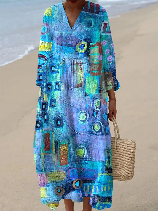Women's Vintage Abstract Geometric Art Print Casual V-Neck Dresses