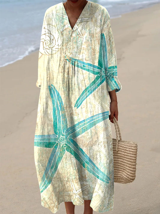 Women's Vintage Abstract Starfish Art Print V-Neck Dresses