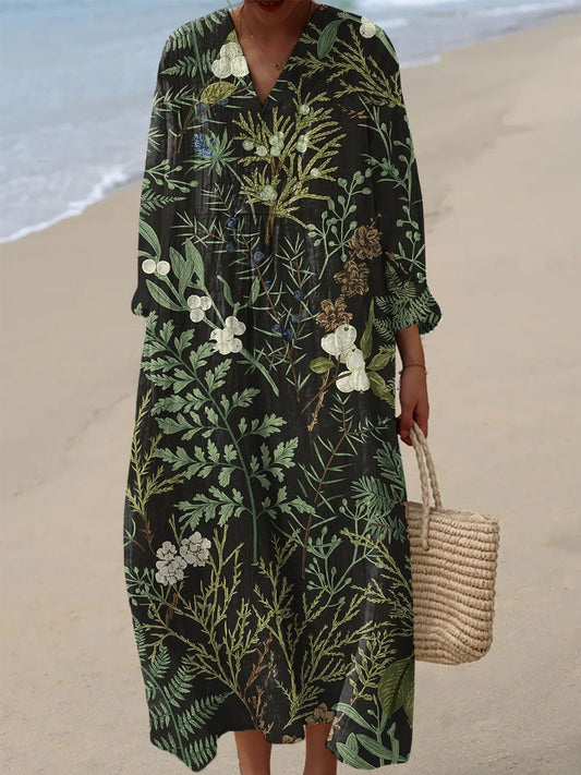 Women's Vintage Botanical Floral Art Print V-Neck Dresses
