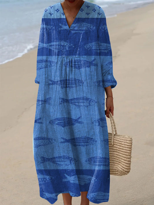 Women's Vintage Abstract Fish Art Print Casual V-Neck Dresses