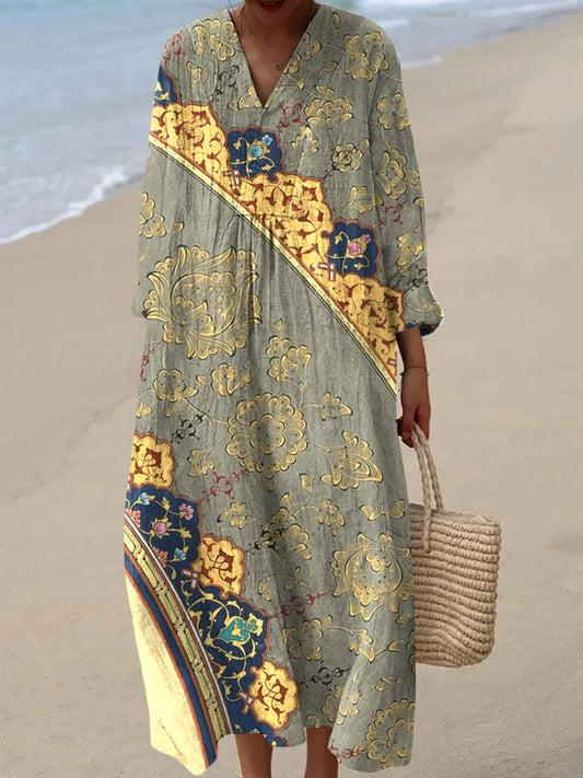 Women's Vintage Ethnic Floral Art Print Casual V-Neck Dresses