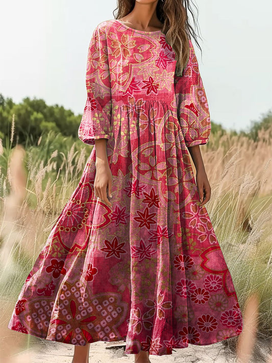 Women's Vintage Abstract Floral Art Print Round Neck Pocket Dresses