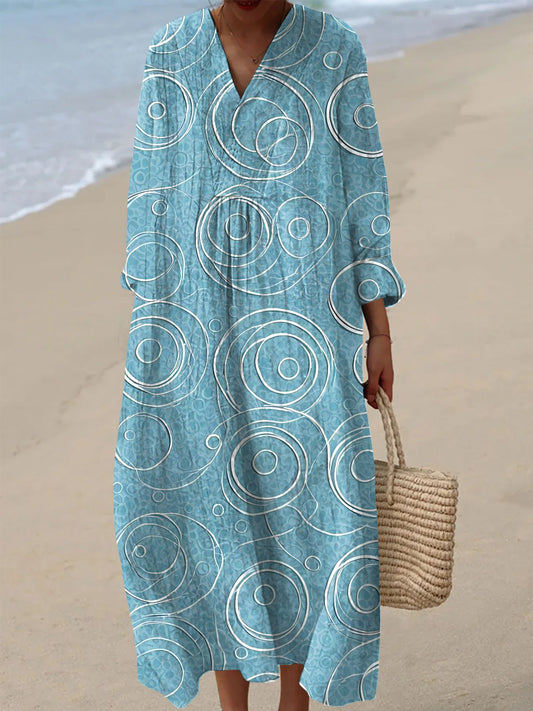 Women's Vintage Line Spiral Art Print V-Neck Dresses