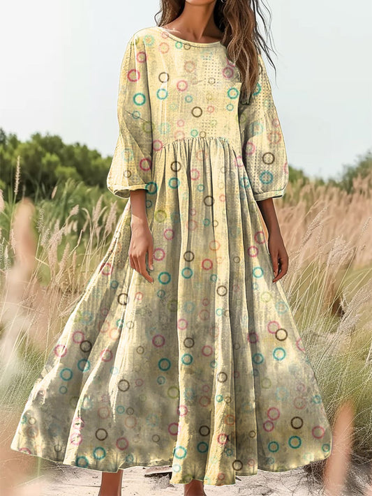 Women's Vintage Colorful Polka Dot Art Print Round Neck Pocket Dresses
