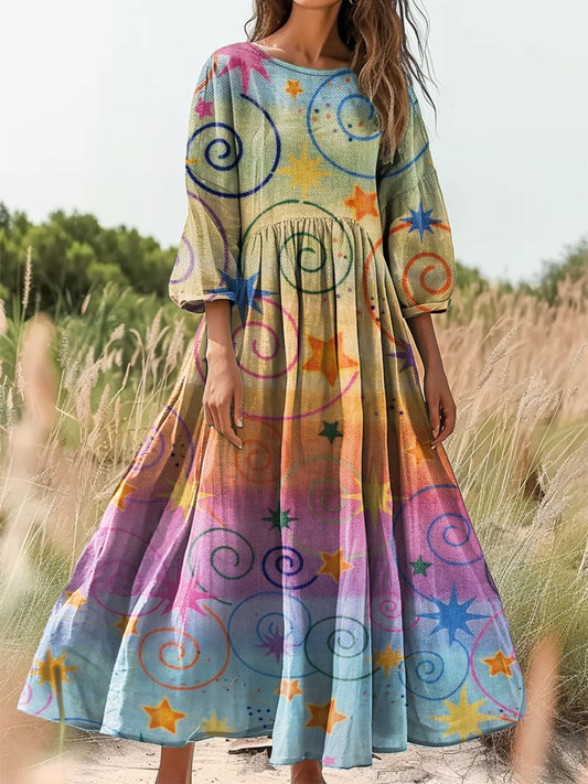 Women's Vintage Colorful Striped Starburst Art Print Cotton Round Neck Dresses