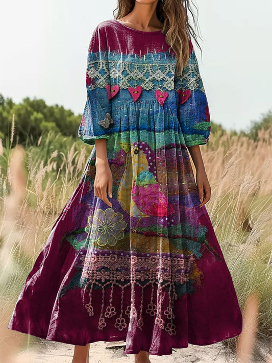 Women's Vintage Patchwork Art Print Round Neck Pocket Dresses