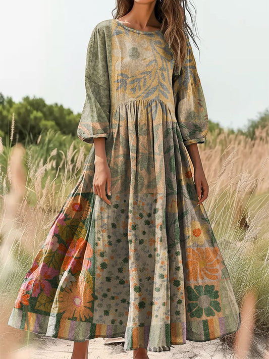 Women's Vintage Floral Patchwork Art Print Casual Dresses