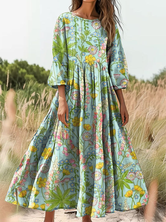 Women's Vintage Romantic Floral Art Print Cotton Round Neck Dresses