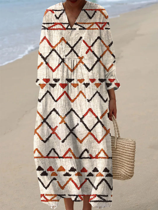 Women's Vintage Abstract Line Geometric Art Print Casual V-Neck Dresses