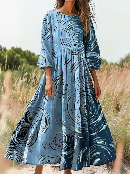 Women's Vintage Abstract Water Wave Art Print Casual Round Neck Dresses