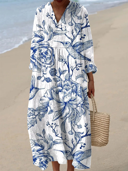 Women's Vintage Bird & Floral Art Print Casual V-Neck Dresses