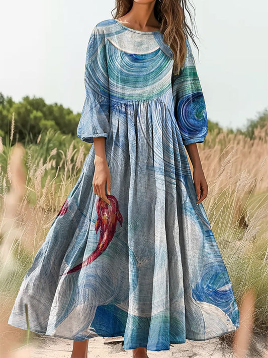 Women's Vintage Goldfish Wave Oil Painting Art Print Casual Dresses