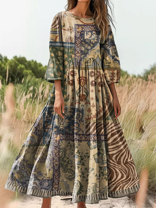 Women's Vintage Geometric Floral Patchwork Art Print Casual Dresses