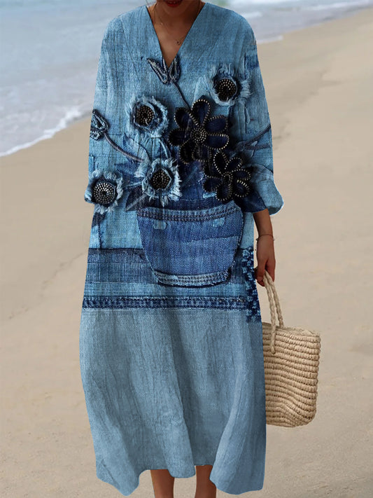 Women's Vintage Denim Patchwork Floral Art Print Casual V-Neck Dresses