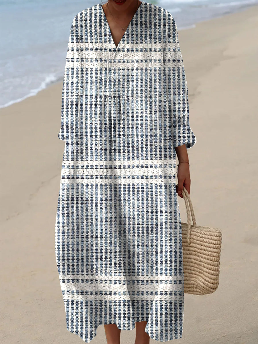 Women's Vintage Line Textured Art Print Casual V-Neck Dresses
