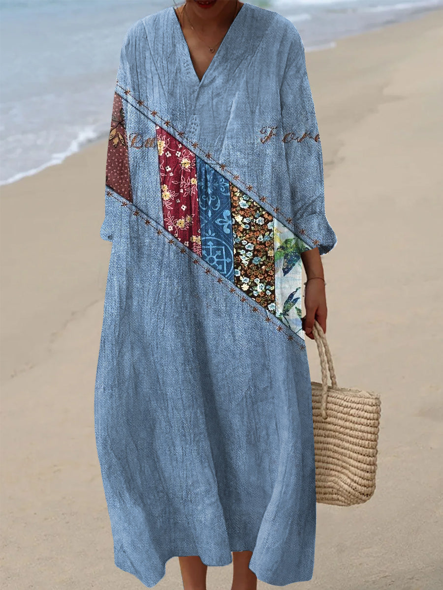 Women's Vintage Denim Patchwork Geometric Art Print Casual V-Neck Dresses