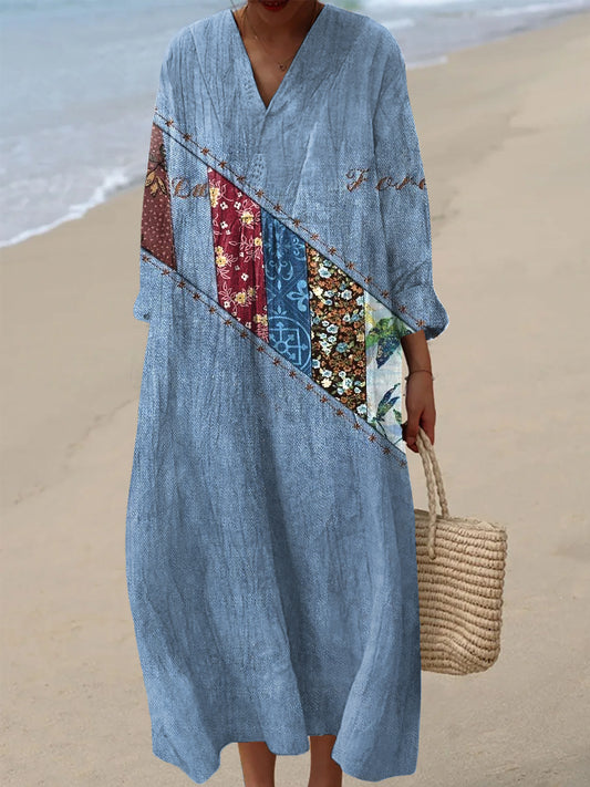 Women's Vintage Denim Patchwork Geometric Art Print Casual V-Neck Dresses