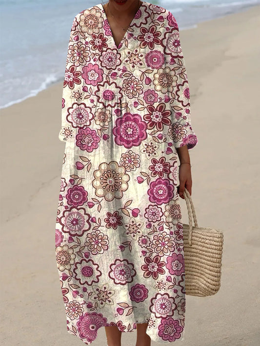 Women's Vintage Romantic Floral Art Print Casual V-Neck Dresses