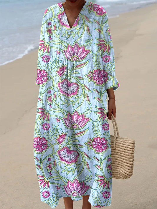 Women's Vintage Abstract Floral Art Print V-Neck Dresses
