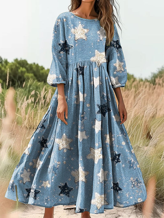 Women's Vintage Sequin Star Art Print Casual Round Neck Dresses