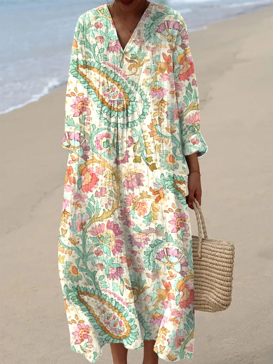 Women's Vintage Paisley Floral Art Print Casual V-Neck Dresses