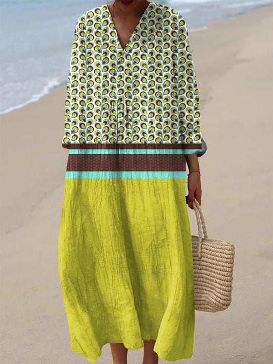 Women's Vintage Geometric Stripe Art Print V-Neck Dresses