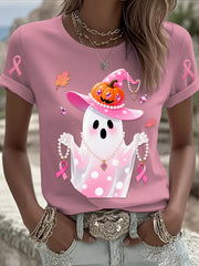 Retro Breast Cancer Pearl Halloween Ghost Print Comfortable Casual Cotton Short-sleeved T-shirt
