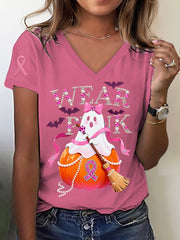 Retro Breast Cancer Halloween Ghost Pumpkin Jewelry Print V-Neck Short Sleeve T-Shirt