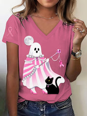 Retro Breast Cancer Halloween Ghost Black Cat Jewelry Print V-Neck Short Sleeve T-Shirt