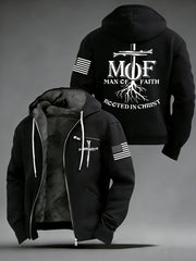 Men's Man Of Faith USA Flag Print Casual Zipper Hooded Plush Jacket