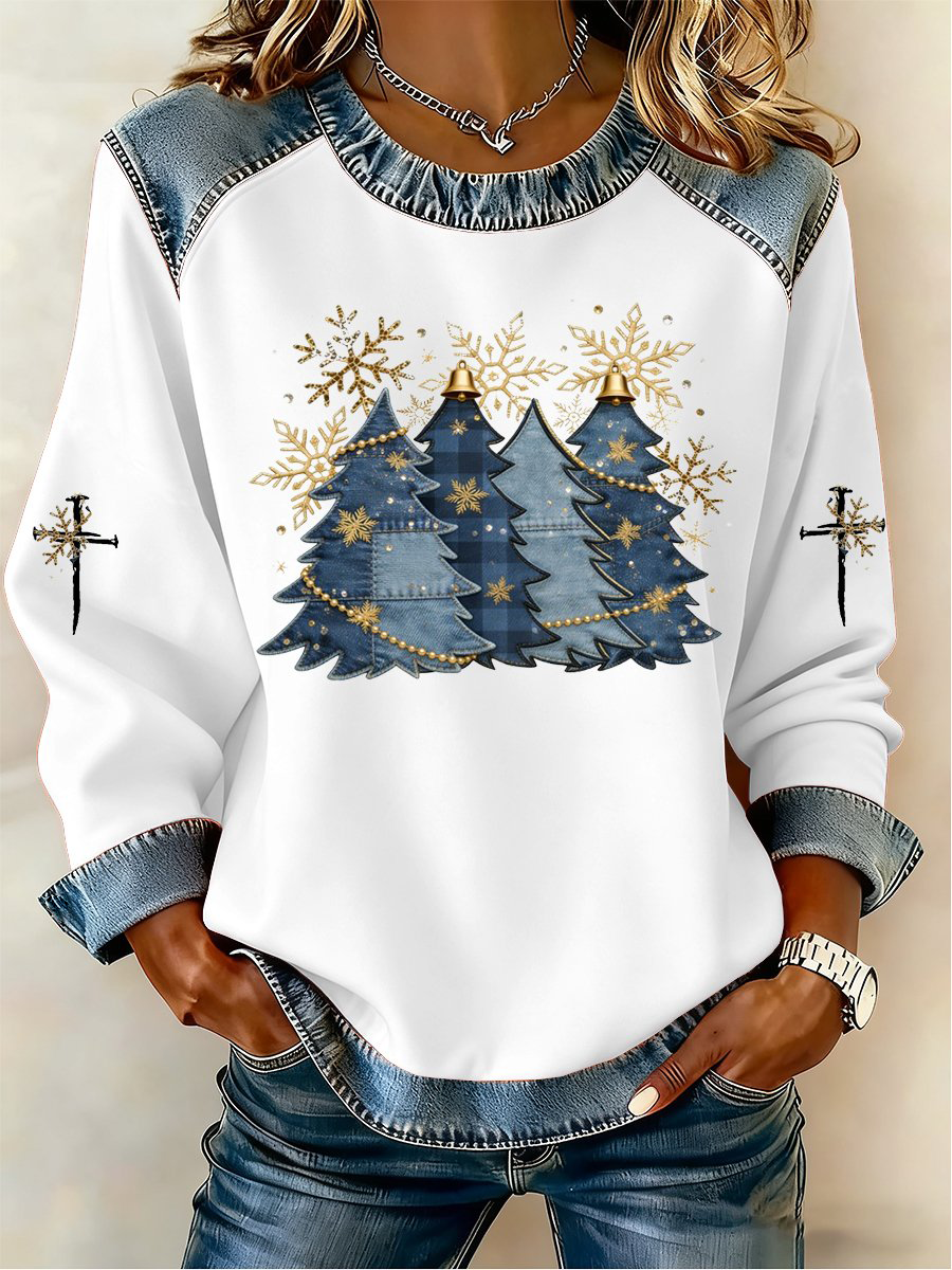 Women's Cross Print Casual Denim Patchwork Top