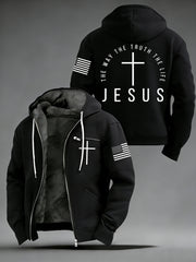 Men's Jesus The Way The Truth The Life Flag Print Casual Zipper Hooded Plush Jacket