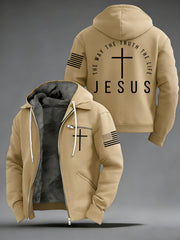 Men's Jesus The Way The Truth The Life Flag Print Casual Zipper Hooded Plush Jacket