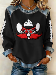 Women's Football Print Denim Patchwork Top