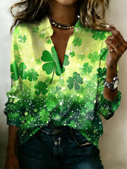 Women's Vintage St. Patrick's Day Shamrock Print Lapel Satin Fabric Shirt