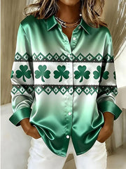 Women's Vintage St. Patrick's Day Shamrock Print Lapel Satin Fabric Shirt