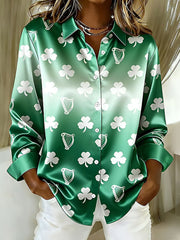 Women's Vintage St. Patrick's Day Shamrock Print Lapel Satin Fabric Shirt