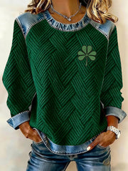 Women's Vintage St. Patrick's Day Shamrock Print  Denim Patchwork Top
