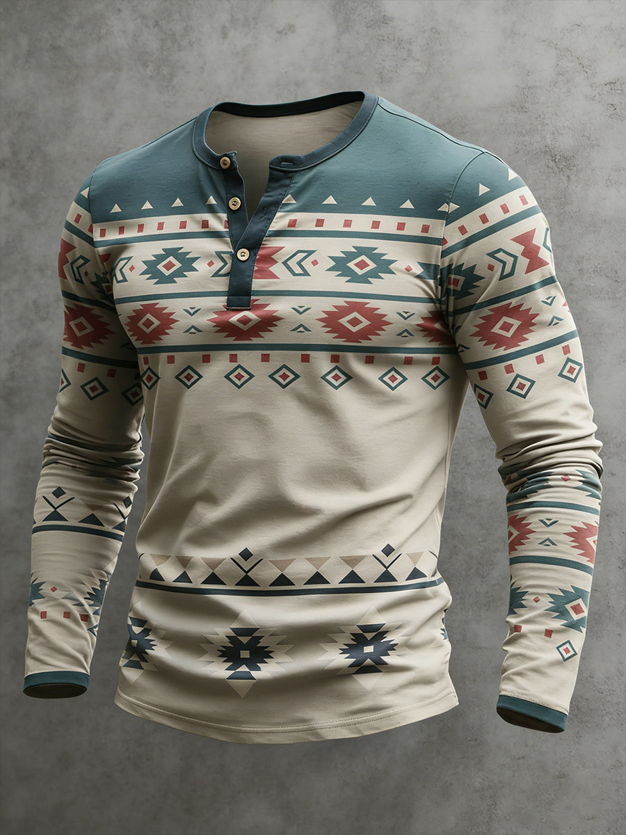 Men's Vintage Western Aztec Geometric Pattern Henley Long Sleeve T-Shirt