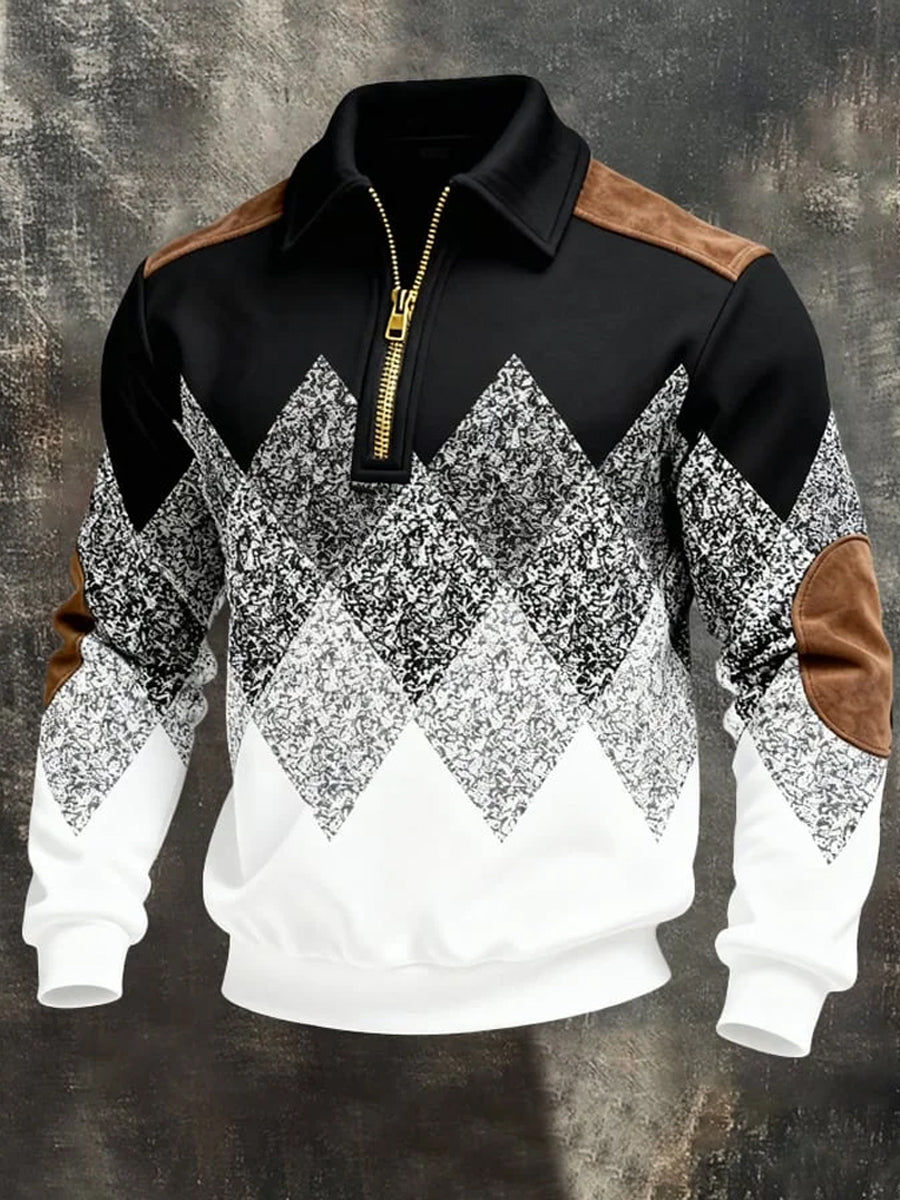 Men's Retro Geometric Print Casual Half-Zip Sweatshirt