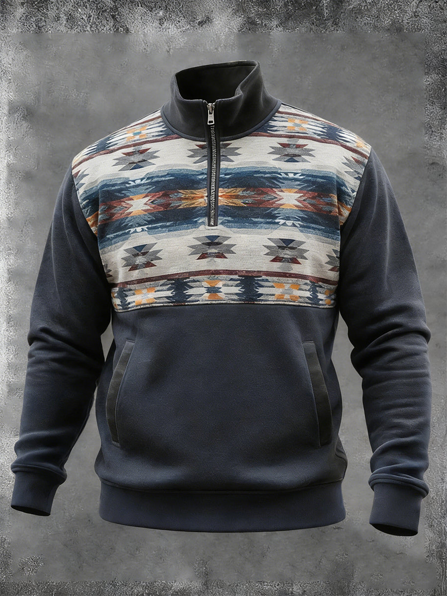 Men's Vintage Western Aztec Pocket Zip Stand Collar Sweatshirt