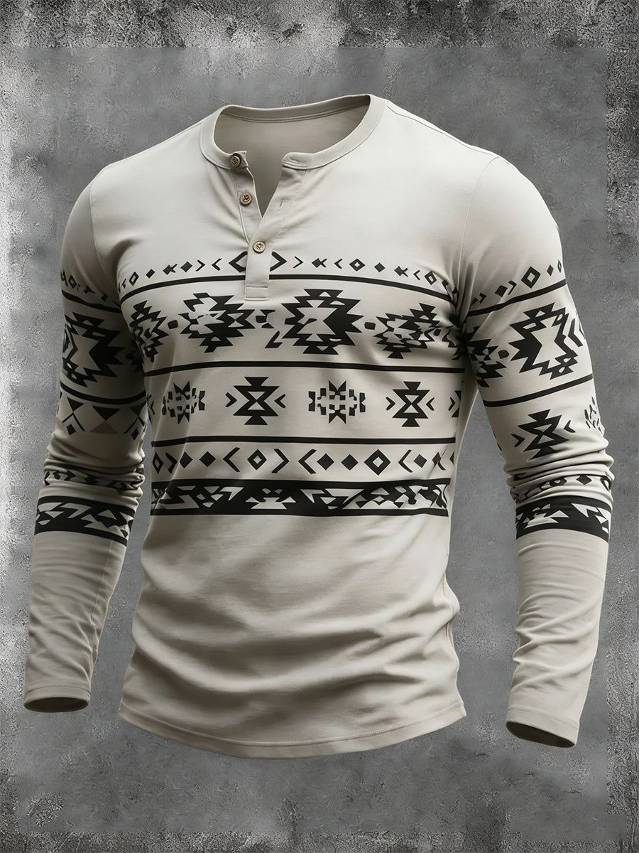 Men's Vintage Western Aztec Geometric Pattern Henley Long Sleeve T-Shirt