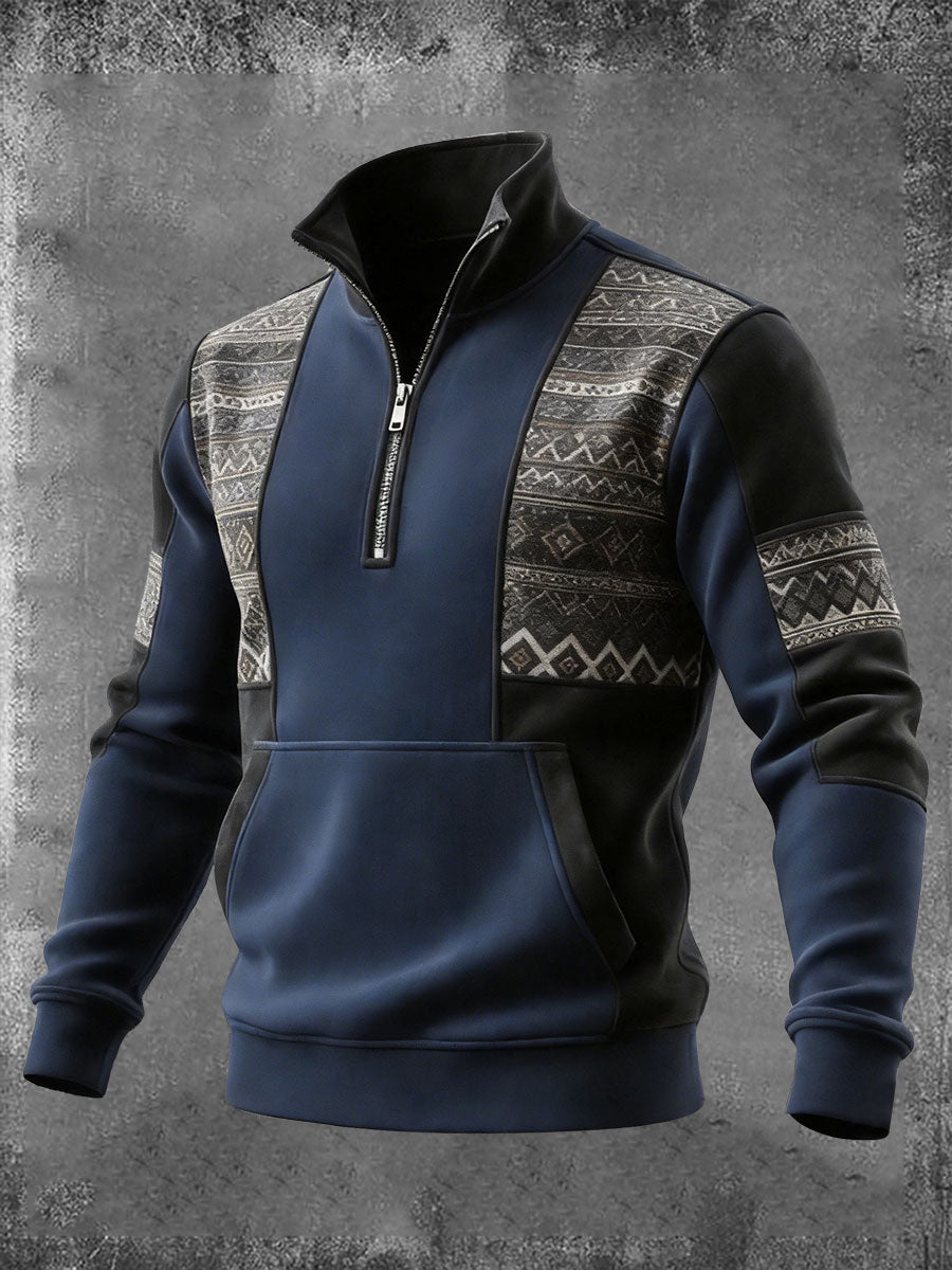 Men's Vintage Western Aztec Pocket Zip Stand Collar Sweatshirt