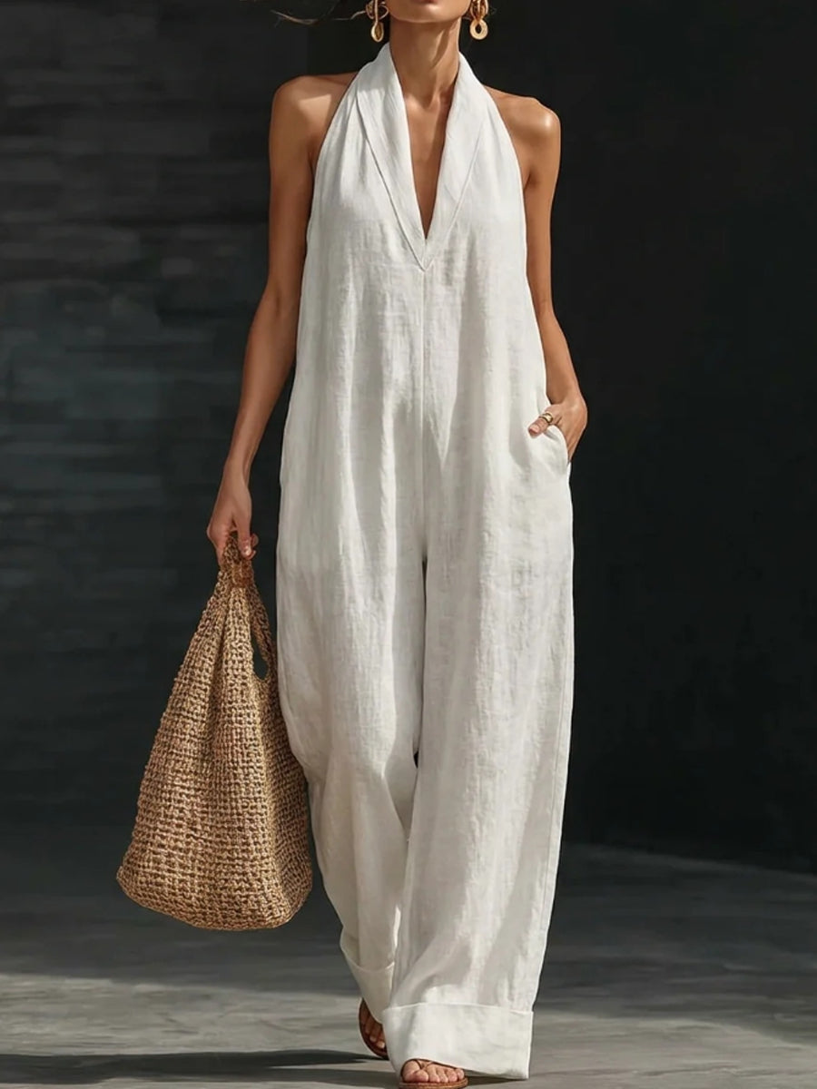 Women's Solid Color Cotton Linen Sleeveless Jumpsuit