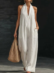 Women's Solid Color Cotton Linen Sleeveless Jumpsuit
